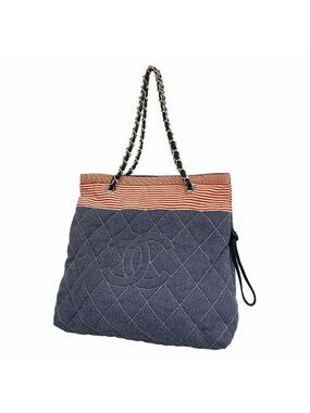 Chanel Chain Tote Bag Cruise Line Canvas Navy Silver